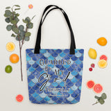Limited Edition Premium Tote Bag - Guarded By My God Faithfully (Design: Mermaid Scales Blue)