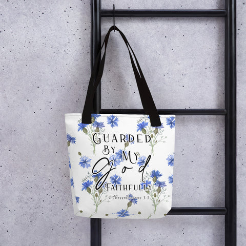 Limited Edition Premium Tote Bag - Guarded By My God Faithfully (Design: Blue Floral)