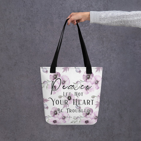 Limited Edition Premium Tote Bag - Peace Let Not Your Heart Be Troubled (Design: Purple Floral)