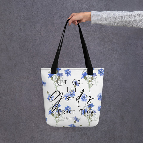 Limited Edition Premium Tote Bag - Let Go, Let God's Grace Flow (Design: Blue Floral)