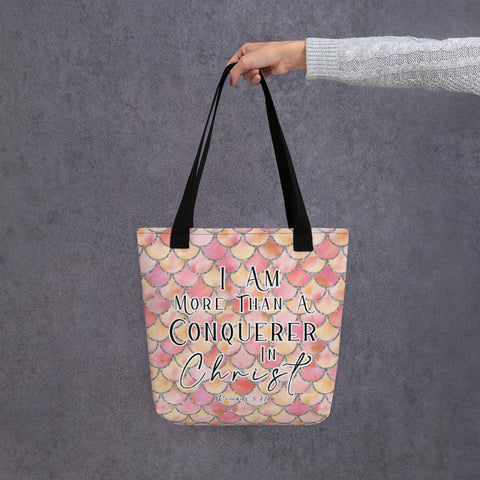 Limited Edition Premium Tote Bag - I Am More Than A Conquerer In Christ (Design: Mermaid Scales Pink)