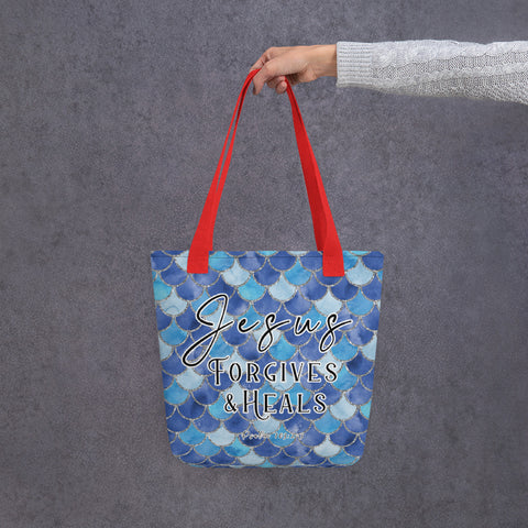 Limited Edition Premium Tote Bag - Jesus Forgives & Heals (Design: Mermaid Scales Blue)