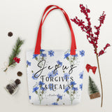 Limited Edition Premium Tote Bag - Jesus Forgives & Heals (Design: Blue Floral)