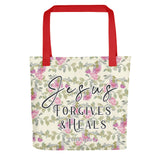 Limited Edition Premium Tote Bag - Jesus Forgives & Heals (Design: Red Floral)