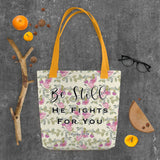 Limited Edition Premium Tote Bag - Be Still, He Fights For You (Design: Red Floral)