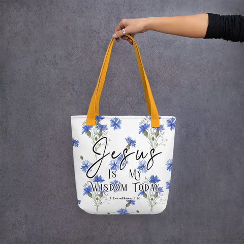 Limited Edition Premium Tote Bag - Jesus Is My Wisdom Today (Design: Blue Floral)
