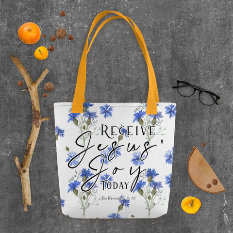 Limited Edition Premium Tote Bag - Receive Jesus' Joy Today (Design: Blue Floral)