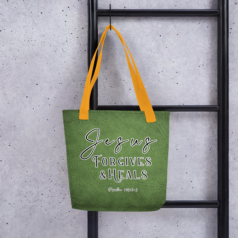 Limited Edition Premium Tote Bag - Jesus Forgives & Heals (Design: Textured Green)