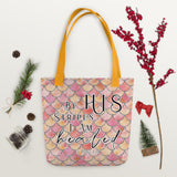 Limited Edition Premium Tote Bag - By His Stripes I Am Healed (Design: Mermaid Scales Pink)