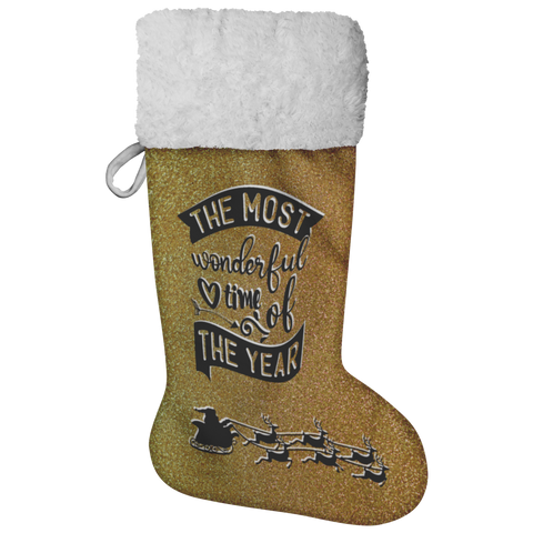 Fluffy Sherpa Lined Christmas Stocking - The Most Wonderful Time Of The Year (Design: Gold)