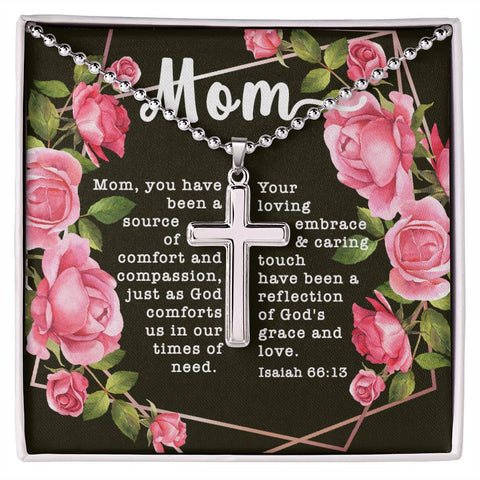 Artisan Crafted Stainless Steel Cross Necklace (Ball Chain) ~Isaiah 66:13~
