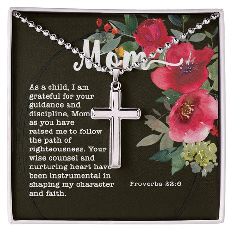 Artisan Crafted Stainless Steel Cross Necklace (Ball Chain) ~Proverbs Proverbs 22:6~