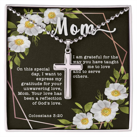 Artisan Crafted Stainless Steel Cross Necklace (Ball Chain) ~Colossians 3:20~