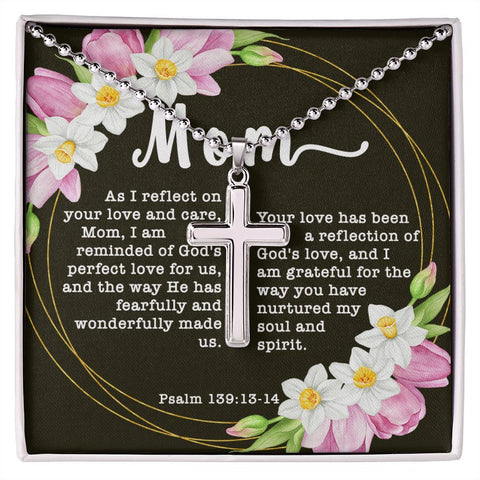 Artisan Crafted Stainless Steel Cross Necklace (Ball Chain) ~Psalm 139:13-14~