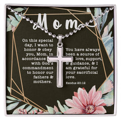 Artisan Crafted Stainless Steel Cross Necklace (Ball Chain) ~Exodus 20:12~