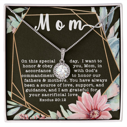 Eternal Hope CZ Crystal 14K White Gold Finish Necklace ~Exodus 20:12~