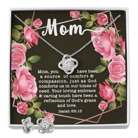 Love Knot CZ Crystal 14K White Gold Finish Necklace & Earring ~Isaiah 66:13~