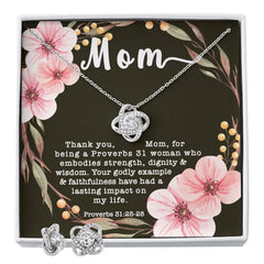 Love Knot CZ Crystal 14K White Gold Finish Necklace & Earring ~Proverbs 31:25-28~