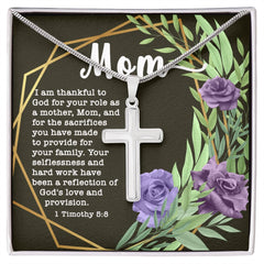 Artisan Crafted Stainless Steel Cross Necklace ~1 Timothy 5:8~