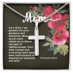 Artisan Crafted Stainless Steel Cross Necklace ~Proverbs 22:6~