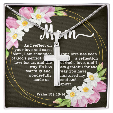 Artisan Crafted Stainless Steel Cross Necklace ~Psalm 139:13-14~