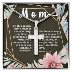 Artisan Crafted Stainless Steel Cross Necklace ~Exodus 20:12~