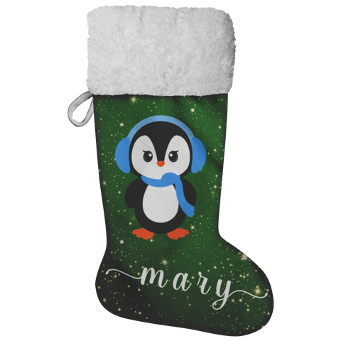 Personalised Name Fluffy Sherpa Lined Christmas Stocking - Penguin Girl (Design: Green)