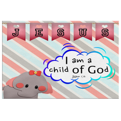 Hope Inspiring Nursery & Kids Bedroom Framed Canvas Wall Art - I Am A Child Of God ~John 1:12~ (Design: Elephant)