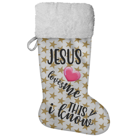 Fluffy Sherpa Lined Christmas Stocking - Jesus Loves Me This I Know (Design: Gold Star)