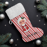 Personalised Name Fluffy Sherpa Lined Christmas Stocking - Mrs Claus (Design: Candy)