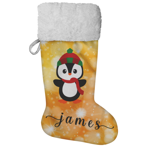 Personalised Name Fluffy Sherpa Lined Christmas Stocking - Penguin Boy (Design: Orange)