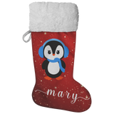 Personalised Name Fluffy Sherpa Lined Christmas Stocking - Penguin Girl (Design: Red)