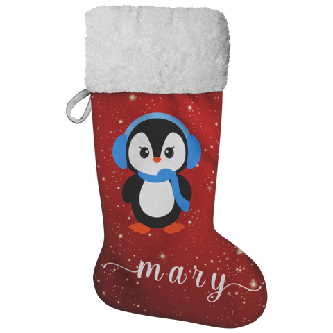 Personalised Name Fluffy Sherpa Lined Christmas Stocking - Penguin Girl (Design: Red)