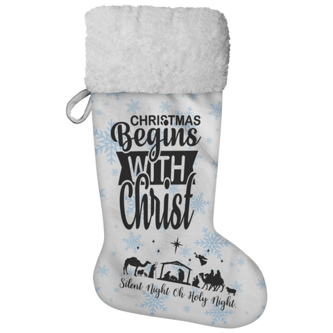 Fluffy Sherpa Lined Christmas Stocking - Christmas Begins With Christ (Design: Blue Snowflake)