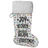 Fluffy Sherpa Lined Christmas Stocking - Joy Love Peace Believe Christmas (Design: Rainbow Snowflake)