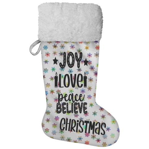 Fluffy Sherpa Lined Christmas Stocking - Joy Love Peace Believe Christmas (Design: Rainbow Snowflake)