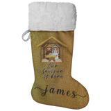 Personalised Name Fluffy Sherpa Lined Christmas Stocking - Our Saviour Is Born (Design: Gold)