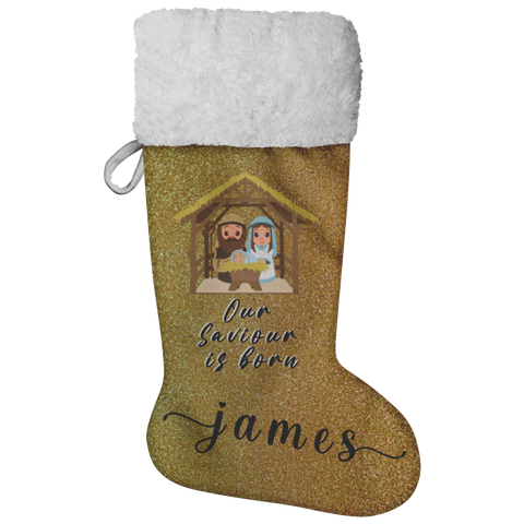 Personalised Name Fluffy Sherpa Lined Christmas Stocking - Our Saviour Is Born (Design: Gold)