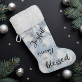 Fluffy Sherpa Lined Christmas Stocking - Joyful Merry Blessed (Design: White Snowflake)