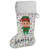Personalised Name Fluffy Sherpa Lined Christmas Stocking - Elf Boy (Design: Rainbow Snowflake)