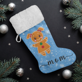 Personalised Name Fluffy Sherpa Lined Christmas Stocking - Gingerbread Woman (Design: Blue)