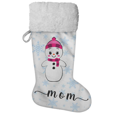 Personalised Name Fluffy Sherpa Lined Christmas Stocking - Snow Woman (Design: Blue Snowflake)