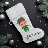 Personalised Name Fluffy Sherpa Lined Christmas Stocking - Elf Boy (Design: Blue Snowflake)