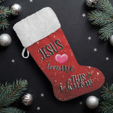 Fluffy Sherpa Lined Christmas Stocking - Jesus Loves Me This I Know (Design: Red)