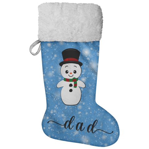 Personalised Name Fluffy Sherpa Lined Christmas Stocking - Snowman (Design: Blue)