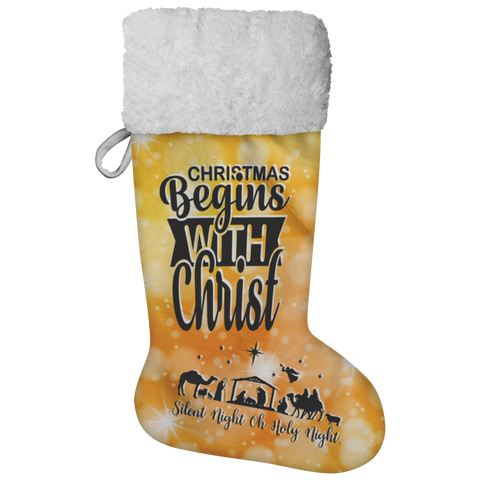 Fluffy Sherpa Lined Christmas Stocking - Christmas Begins With Christ (Design: Orange)