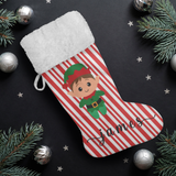 Personalised Name Fluffy Sherpa Lined Christmas Stocking - Elf Boy (Design: Candy)