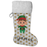 Personalised Name Fluffy Sherpa Lined Christmas Stocking - Elf Boy (Design: Gold Star)