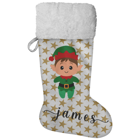 Personalised Name Fluffy Sherpa Lined Christmas Stocking - Elf Boy (Design: Gold Star)