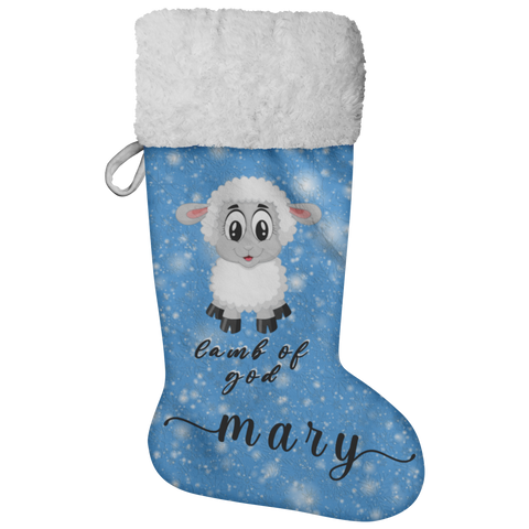 Personalised Name Fluffy Sherpa Lined Christmas Stocking - Lamb Of God (Design: Blue)